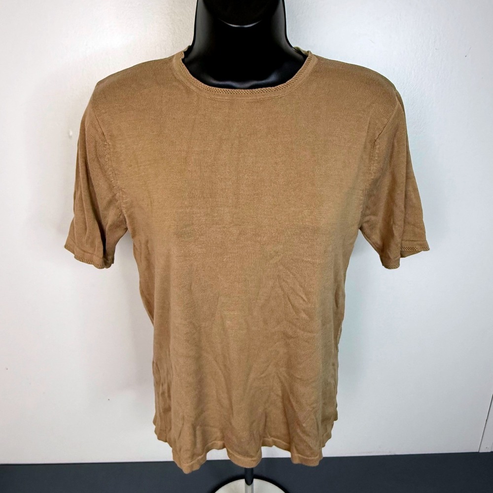 Good Impressions Knit Top Womens Small Tan Silk Cotton Short Sleeve Ribbed Crew